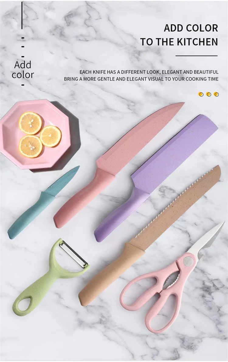 Amazon Top Seller Eco-Friendly Colorful PP Handle Wheat Straw Knife Set Kitchen Ware Stainless Steel Knife Set in 6 PCS Promotional Gift Kitchen Chef Knife Set